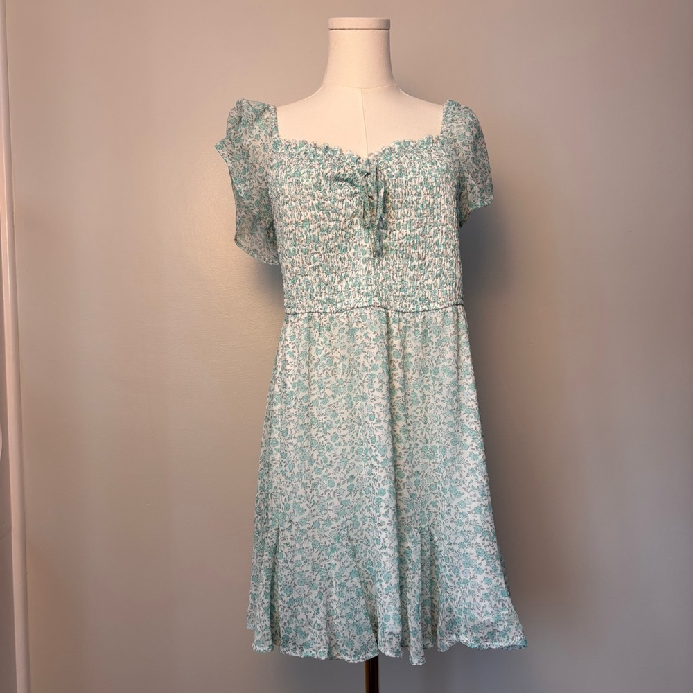 Altar'd State Floral White Puffed Sleeve Smocked Back Dress